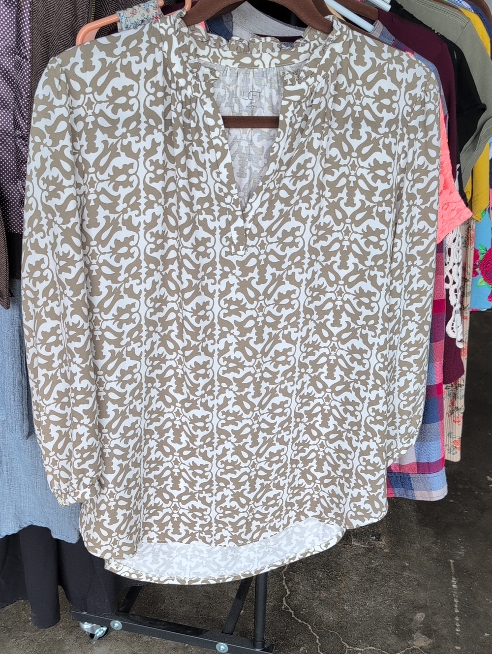 LOFT Beige and White Printed Split-Neck Tunic